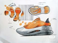 an orange and white sneaker is shown in this hand - drawn drawing by artist jeff scott