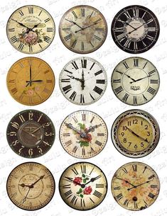 twelve different clocks with roman numerals and floral designs on them, all showing the same time