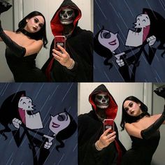 a woman dressed in black holding up a cell phone and wearing a skeleton costume with red hoodie