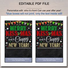 two christmas cards with the words merry kiss and happy new year