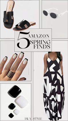 black and white spring outfit and nails shopping guide White Fake Nails, Fake Nails Black, Womens Casual Fashion, Black And White Nail, Press On Toenails, Black And White Nail Designs, Nail French, White Summer Outfits, Maxi Dress With Pockets