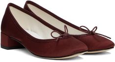 Satin heels in burgundy. · Bow accent at vamp · Grosgrain trim at collar · Cotton twill lining · Covered block heel with rubber injection · Nubuck sole · Heel: H1.25 Available exclusively at SSENSE. Supplier color: Pommard Satin Heels, Cotton Twill, Block Heels, Satin, Trim, Luxury Fashion, Collar, Heels, Leather