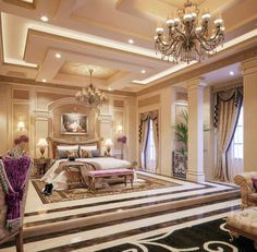 a fancy bedroom with chandelier, couch and bed in the middle of it