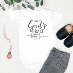 All of God’s Grace in One Tiny Face Infant Onesie | Baptism Gift | Christian Baby Gift Printify Newborn Onesie Ideas, Christian Baby Onesies, Christian Onesies, Baby Onesie Ideas, Baby Onesies Diy, Onesie Ideas, Auntie Era, God Baby, Christian Clothing Brand