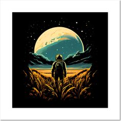 an astronaut is standing in the middle of a field with a full moon behind him