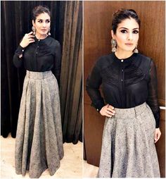 Raveena Tandon , the ethnic earrings is fantastic plus the high waist pleated skirt rocks . High Waist Pleated Skirt, Raveena Tandon, Upcycle Ideas, Kurti Neck, High Waisted Pleated Skirt, Kurti Neck Designs, Suits Design, Embroidery Suits Design, Ethnic Earrings