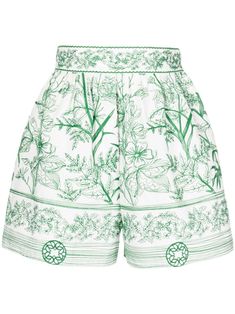 white/grass green all-over floral print high-waisted embroidered detailing at the waistline concealed fly thigh-length Paisley Shorts, Embellished Shorts, Tweed Shorts, Shorts White, Silk Shorts, Grass Green, Modest Fashion Outfits, Floral Shorts, Shorts With Tights