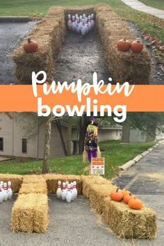 pumpkin bowling in the yard with hay bales