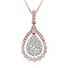 This lovely pear-shaped pendant is garnished with 60 round diamonds  at approximately .74 carat total weight. The pendant measures one inch long  is crafted of quality 14 carat rose and white gold and hangs from a matching 24-inch adjustable cable chain. Rose Gold Teardrop Pendant Diamond Necklace, Rose Gold Teardrop Diamond Necklace, Rose Gold Teardrop Diamond Necklace Fine Jewelry, Fine Jewelry Rose Gold Teardrop Diamond Necklace, Rose Gold Teardrop Halo Jewelry, Rose Gold Teardrop Pendant With Brilliant Cut, Unique Diamond Pendant, Pear Shaped Pendant, Diamond Pendent