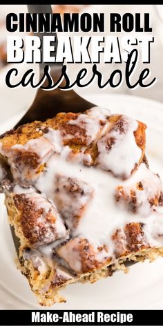 cinnamon roll breakfast casserole on a white plate