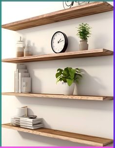 three wooden shelves with plants, books and a clock on the top one shelf is empty