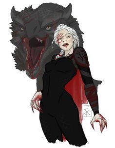 a drawing of a woman with white hair and fangs on her face, standing next to a wolf