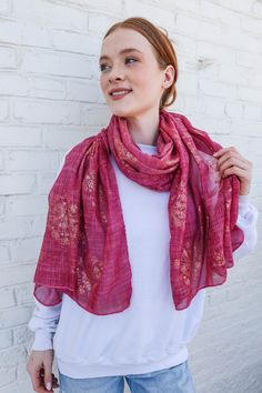 A special cranberry cuddle scarf, luxurious accessory designed to wrap mom or someone special in comfort and style. This scarf is not only stylish and warm but also serves as a heartfelt gift to express love and care for someone who is physically separated from their loved ones. Find the perfect mother's day gift Gold foil flower printed on this flowing lightweight Viscose scarf, this scarf features a delicate cranberry hue that evokes a sense of calm and relaxation. Adorned with shimmering gold Red One-size Shawl As Gift, Pink Scarves As Gifts, Flower Scarf, Rose Gold Foil, Someone Special, Heartfelt Gifts, Mother's Day Gift, Gold Foil, Flower Prints