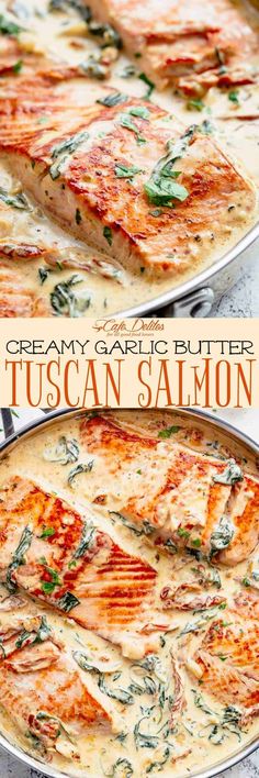 creamy garlic butter tuscan salmon in a pan