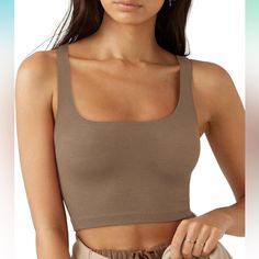 Nwt Square Neck Brown Ribbed Crop Top Made Of 86% Polyester And 14% Spandex. Soft, Breathable And Moisture Wicking. Customers Say It Fits True To Size. Crop Top Camisole, Brown Outfit, Ribbed Crop Top, Cropped Tops, Comfy Fits, Square Neckline, Yoga Fitness, Half Sleeves, Workout Clothes