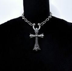 STAINLESS STEEL GOTHIC CROSS WITH A HORSESHOE BARBELL PIERCING FRONT CLOSURE * Stainless Steel Chain & Charm * Includes a 3" extension for adjustability * Handmade in Los Angeles French Christian Gothic Jewelry, Cross Piercing, Cross Accessories, Barbell Piercing, Gothic Cross, Gothic Crosses, The Throne, Funky Jewelry, Cross Charms