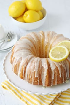 a lemon bunt cake on a white plate