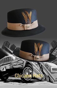 "Frank Garcia traditional  Black fine finish  fedora lowrider hat made of 100% woven finest cotton string comes with a Khaki band. Also comes with a silk inside liner, real rooster feather, pearl pin and hat pendant. 2\" brim." Retro Adjustable Fedora Hat Band, Adjustable Retro Fedora Hat Bands, Retro Adjustable Brimmed Hat Bands, Custom Adjustable Flat Brim Panama Hat, Adjustable Flat Bill Fedora For Rodeo, Adjustable Flat Bill Panama Hat For Kentucky Derby, Custom Adjustable Panama Hat With Short Brim, Custom Adjustable Flat Bill Hat, Adjustable Flat Bill Straw Hat For Kentucky Derby