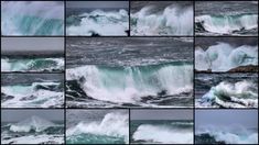 multiple images of the ocean with waves crashing