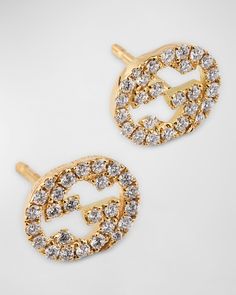 Gucci interlocking G earrings    18karat yellow gold    Roundcut white diamonds    Total diamond carat weight: 0.38    For pierced ears    Made in Italy Diamond Carat, Pierced Ears, White Diamonds, Diamond White, Ear Piercings, Neiman Marcus, Top Designers, Fashion Branding, Tops Designs