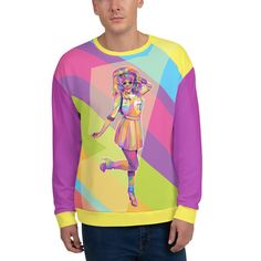 As vibrant and full of personality as Trixie Mattel herself, this WPAP style All-Over Print Sweatshirt will be a bold addition to your wardrobe. With striking, geometric shapes of vivid colors added to a stunning photograph of Trixie Mattel at RuPaul's Drag Race, this All-Over Print Sweatshirt celebrates one of the most powerful drag queens in America. Digitally hand drawn using Adobe Illustrator and printed on soft, but durable polyester fleece makes this sweatshirt an amazing choice for everyd Multicolor Long Sleeve Tops With Graphic Design, Playful Multicolor Graphic Print Sweatshirt, Playful Multicolor Sweatshirt For Streetwear, Pop Culture Multicolor Tops With Character Print, Multicolor Tops For Pride Streetwear, Multicolor Tops For Streetwear During Pride, Multicolor Tops For Streetwear And Pride, Fun Multicolor Pride Tops, Fun Multicolor Tops For Pride