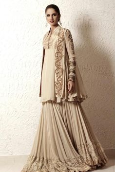 Bridal Gharara Designs, Shrug Outfit, Sarara Dress, Beige Gown, Gharara Designs, Latest Designer Dresses, Heavy Dresses, Lehnga Dress, Formal Wear Dresses