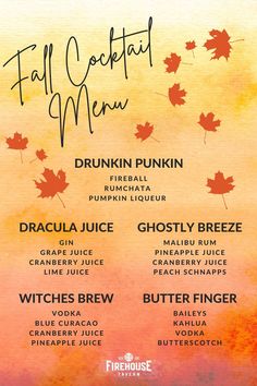 the fall cocktail menu is shown in orange, yellow and pink colors with leaves on it