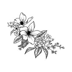 a black and white drawing of flowers on a white background