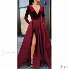 Elegant Burgundy Evening Gown with Deep V-neck, Long Sleeves, and Flared Skirt Fitted V-neck Evening Dress For Winter, Winter Evening V-neck Dress, Winter Prom V-neck Evening Dress, Burgundy Fitted V-neck Maxi Dress, Burgundy V-neck Maxi Dress For Night Out, Winter Formal V-neck Evening Dress, V-neck Winter Formal Evening Dress, Fall Prom V-neck Evening Dress, Fitted Burgundy V-neck Evening Dress