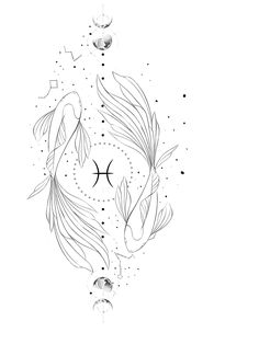 a black and white drawing of two fish in the water with bubbles on it's side