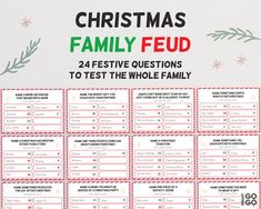 the christmas family fud game is shown in red, green and white with holly branches