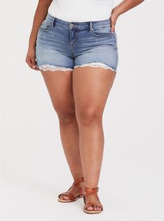 Lace Skinny Short Short - Medium Wash, TRUE BLUE Best Plus Size Jeans, Plus Size Ripped Jeans, Legs Outfit, Plus Zise, Women's Plus Size Jeans, Dress With Jean Jacket, Belted Shorts, Jeans For Short Women, Women Denim Jeans