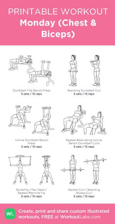 the printable workout plan for monday chest and biceps is shown in this image