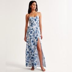 Abercrombie Blue & White Camille Tie Back Gown Size Xsp Nwt Blue Floral Gown, Long Maxi Gowns, Blue Floral Midi Dress, Abercrombie And Fitch Dresses, Spaghetti Strap Maxi Dress, Full Length Dress, Dress Inspo, Georgette Fabric, Flowy Skirt