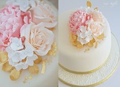 two cakes decorated with pink and white flowers on top of each other in gold foil