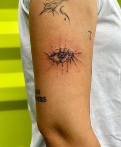 a man's arm with an eye tattoo on the left side of his arm