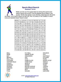 the sports word search is shown in this blue and white printable activity sheet for kids