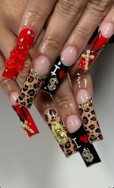 Heart Cheetah Nails, Red And Black Cheetah Print Nails, Duck Nails Cheetah Print, Medium Length Junk Nails, Red And Black Junk Nails, Rainbow Animal Print Nails, Cheetah And Zebra Print Nails