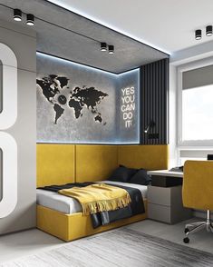 a bed room with a neatly made bed and a world map on the wall