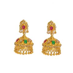 22K Yellow Gold Diamond Necklace & Jhumki Drop Earrings Set W/ 18.77ct Uncut Diamonds, Rubies, Emeralds, Laxmi Kasu & Large Eyelet Pendant for women. This stunning yellow gold set features a long strand encrusted with 18.77ct uncut diamonds, precious rubies and emeralds, with a radiant lining of Laxmi Kasu. It also features a large ornate eyelet pendant and a pair of Jhumki drop earrings. The necklace is 26" long with a width range of 2.5-16 mm. Its pendant is 61 mm long and 56 mm wide. Each Jhu Festive 22k Gold Fusion Style Jhumkas, Festive Fusion Style 22k Gold Jhumkas, Festive Fusion 22k Gold Jhumkas, Traditional 22k Gold Earrings With 17 Jewels, Hand-set 22k Gold Jhumkas For Celebrations, Gold Plated Fusion Jhumkas, 22k Gold Hand Set Jhumkas For Celebration, Gold Plated Fusion Jhumkas For Celebration, Yellow Gold Fusion Jhumkas For Celebration