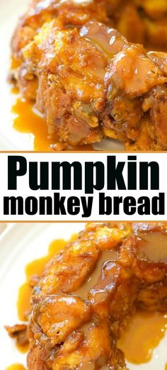 this is an image of pumpkin monkey bread with caramel sauce on it and the words, pumpkin monkey bread