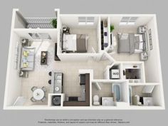 the floor plan for a two bedroom apartment with an attached kitchen and living room area