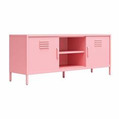 a pink sideboard with two doors and shelves on the bottom, in front of a white background