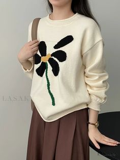 Lasaky - Womens Knit Sweater with Floral Patterning, Long Sleeve Casual Crew Neck, and Fashionable Design. Spring Knitted Acrylic Sweater, Casual Beige Acrylic Sweater, Casual Fall Knitting Pattern In Acrylic, Casual Acrylic Knitting Pattern For Fall, Casual Fall Acrylic Knitting Pattern, Cream Acrylic Sweater For Spring, Casual Beige Acrylic Tops, Casual White Long Sleeve Knitting Pattern, Spring Beige Acrylic Tops