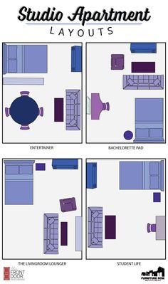 the layout of a studio apartment layouts in purple and blue, with furniture on each side