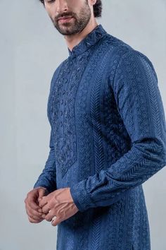 Shop for Punit Arora Blue Modal Geometric Floral Embroidered Kurta Set for Men Online at Aza Fashions Blue Cotton Sherwani With Dabka Work, Blue Cotton Churidar For Transitional Season, Blue Semi-stitched Kurta For Ceremonial Occasions, Formal Blue Kurta With Dabka Work, Blue Traditional Fit Kurta For Festive Occasions, Blue Cutdana Kurta For Ceremonial Occasions, Fitted Blue Kurta For Ceremonial Occasions, Formal Fitted Chanderi Kurta, Festive Blue Traditional Fit Kurta