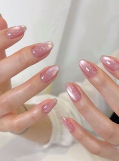 Gorgeous It girl nail inspo | Jelly cat eye velvet nails | 2025 hottest nail manicure trends #cateyenails #manicureinspo Almond Nails For Tan Skin, White Chrome Over Pink Nails, Pinky Nail Ideas, Girly October Nails, Shiny Neutral Nails, Marble Heart Nails, Clear Glass Nails Acrylic, Pink Nails For Bride, Light Pink Catseye Nails