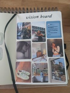 an open notebook with photos and words on it