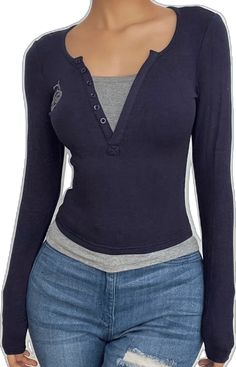 Casual V-neck Top With Embroidered Sleeves, Fitted Cotton Long Sleeve Top, Fitted V-neck Long Sleeve Cotton Top, Fitted Cotton V-neck Long Sleeve Top, Winter Cotton Tops With Buttons, Trendy Long Sleeve Tops With Button Closure, Cotton Stretch Tops With Button Closure, Stretch Cotton Buttoned Tops, Stretch Cotton Tops With Button Closure