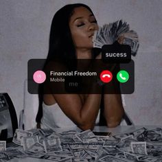 a woman sitting in front of a pile of money with the text financial freedom mobile me